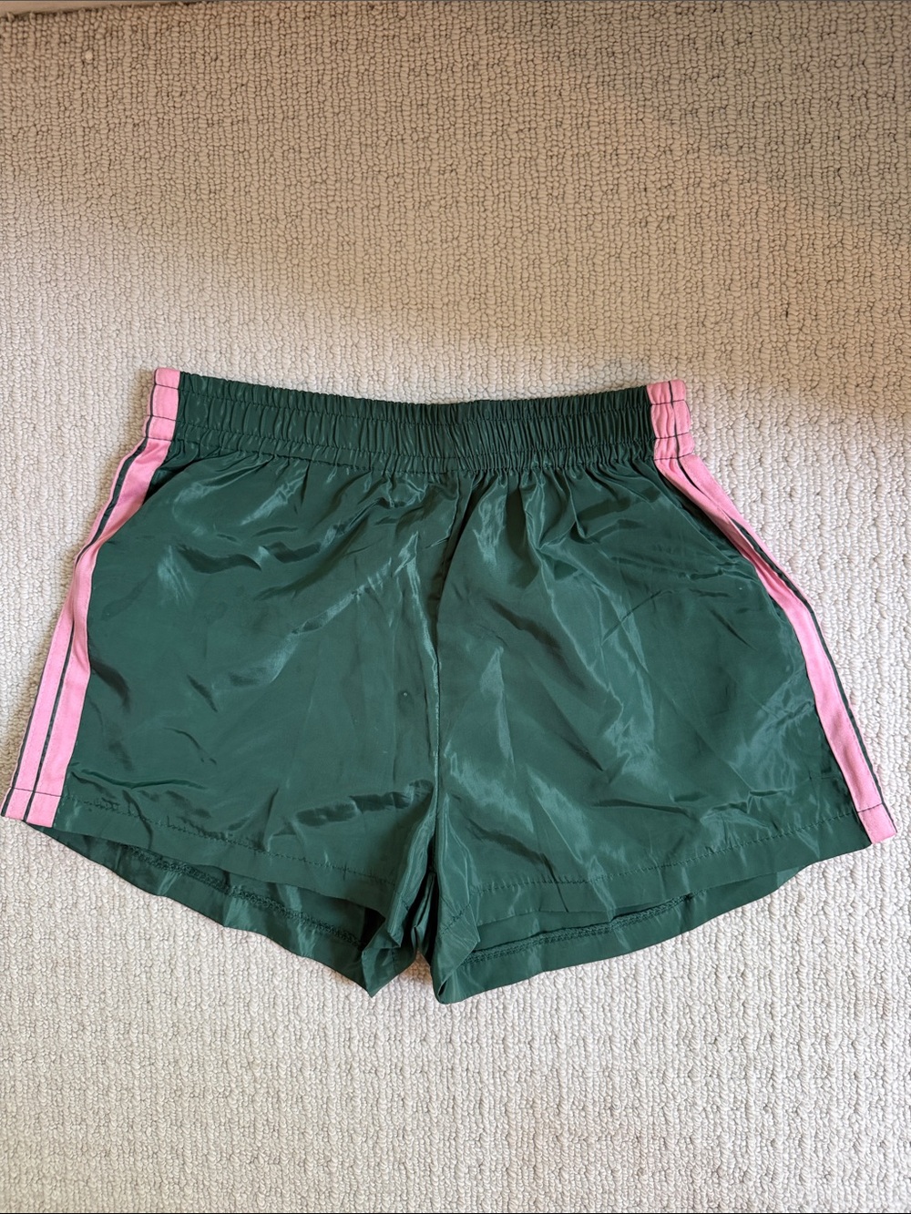 Amazon Women's Green Athletic Shorts with Pink Side Stripes